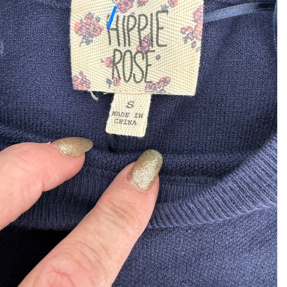 Hippie Rose California West Coast Cropped Sweater Navy‎ Blue Varisty Boho Chic - Picture 4 of 7